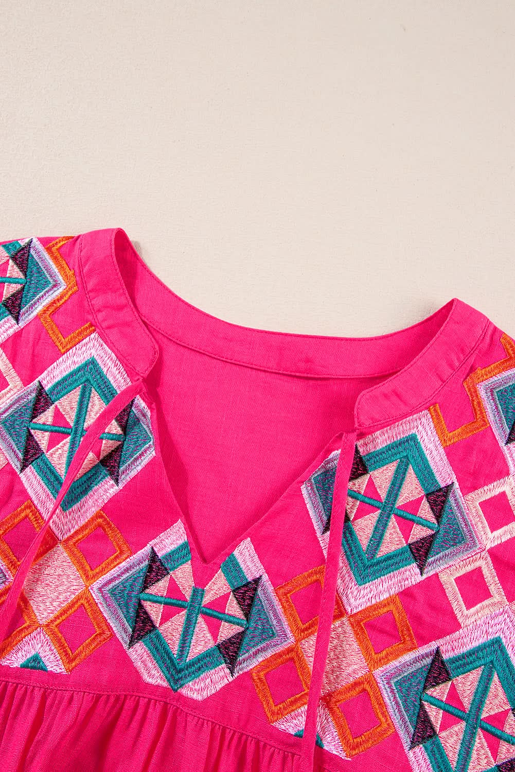 Strawberry Pink Geometric Embroidered Tassel Tie V Neck Blouse - Love Salve